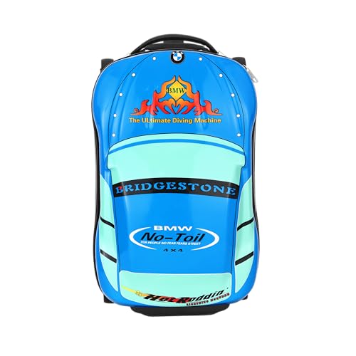 Image of Kids Ride On Trolley Bag for Boys & Girls | Hard Shell Cabin Luggage with 4 Wheels & Telescopic Handle | Lightweight Travel Suitcase for School Trips, Vacations & Holidays | Cartoon Design (Blue)