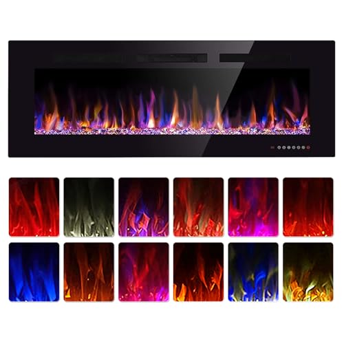 50' Electric Fireplace in-Wall Recessed and Wall Mounted 1500W Fireplace Heater and Linear Fireplace with Timer/Multicolor Flames/Touch Screen/Remote Control (Black)