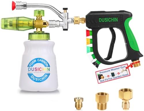 DUSICHIN Short Pressure Washer Gun Foam Cannon Nozzle Dual Connector Shift Valve, Car Wash Foam Cannon Kit 1/4 Inch Quick Connector, 5 Pressure Washer Nozzle Tips,Double Tip Attachment For Soap Cannon