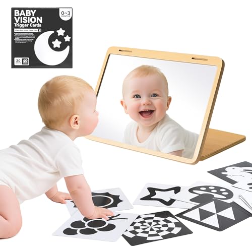 Image of Brezlio Tummy Time Mirror for Baby Montessori Baby Floor Mirror with High Contrast Black and White Cards Infant Safe Mirror Toy for Newborn