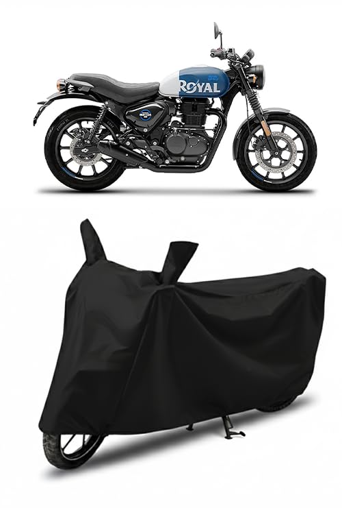 Image of DRAKOWISH Waterproof Bike Cover for Royal Enfield Hunter 350 All Weather Protection from Rain, Dust, UV Rays & Scratches with Mirror Pockets & Buckle Belt | Hunter 350 Bike Cover