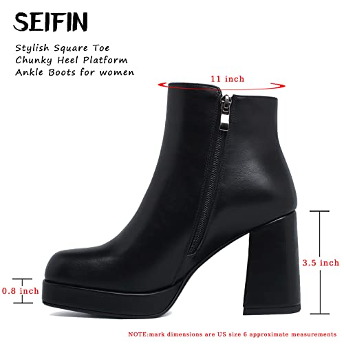 SEIFIN Women's Square Toe Chunky Heel Ankle Boots GOGO Block High Heels Side Zipper Booties Short Platform Shoes2