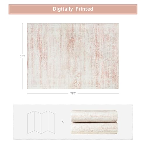 Washable Rugs 5x7 Area Rugs for Living Room,Bedroom,Dining Room- Ultra Soft Faux Wool Nursery Rug for Baby Girl,Neutral Light Pink Low Pile Vintage Carpets for Dorm Kids Playroom,Non Slip