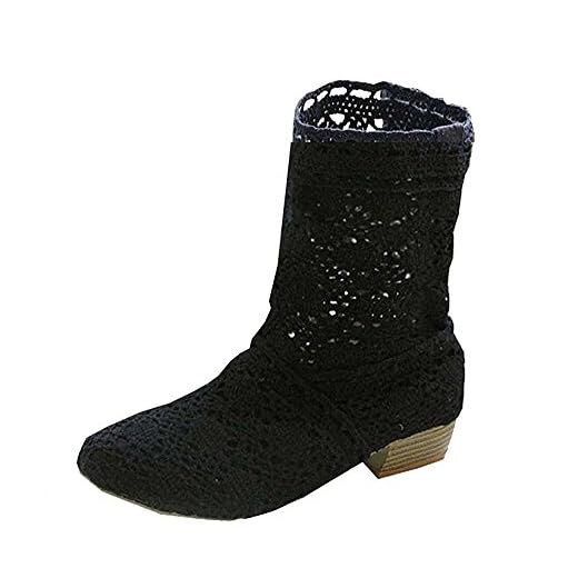 Minetom Femme Été Automne Mode Creux Dentelle Classics Courtes Bottes Femmes Bottine Bloc Talon Mid-calf Boots Noir EU 37