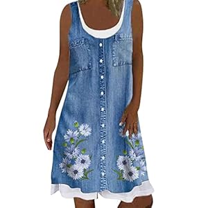 Robe Mi Longue Lin Bohème Chic Femme Ete - Col Rond, Sans Manches, Plage Fluide à Imprimé Floral