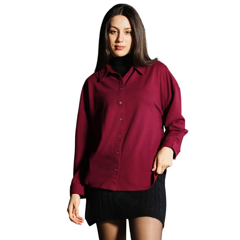 pinacolada Women's Shirt | Spread Collar, Long Button-Cuff Sleeves, Button Closure | Solid Jacquard Woven Shirt for Casual Cherry Red-picture-24
