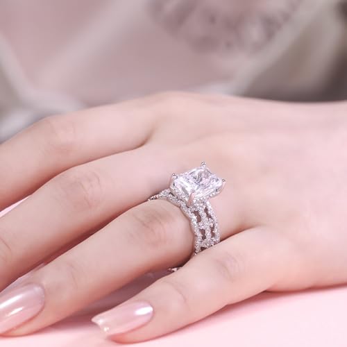 Jeulia 3pcs 6.9ct Radiant Cut Moissanite Rings for Women; Silver Diamond Wedding Rings for Women 14K White Gold Plated Engagement Promise Eternity Ring Band for Her with Jewelry Gift Box4