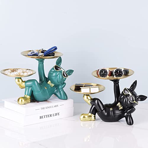 Suruim Resin Bulldog Statue With Two Storage Trays French Bulldog Storage Tray Statue Strange Key Holder Bowl Dog Decoration Very Cool Office Desk Decoration (Green -2) #TOP4