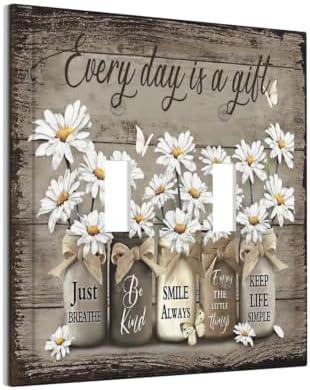Farmhouse Flowers Daisy Decorative Light Switch Cover Plate 2 Gang Double Toggle Vintage Floral Country Wall Plate for Electrical Outlets Cover Switchplate Face Plate