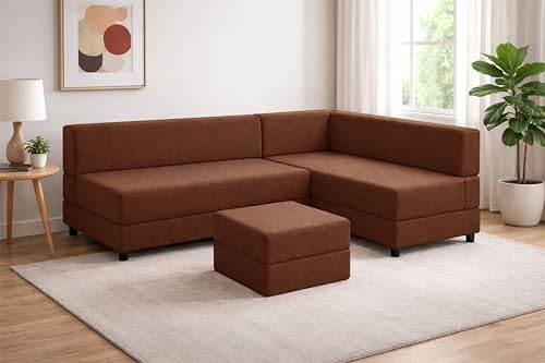 Image of Leg Sofa Cum Bed with Ottoman | Jute Fabric | Multipurpose Folding 3 Seater Sofa Bed 5x6 Ft for Living Room | Space Saving Furniture | Modern Design - Brown