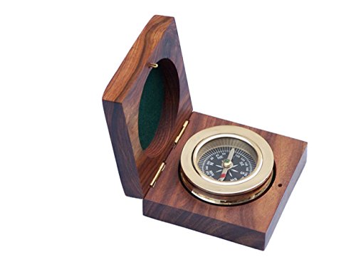 Hampton Nautical 3xglass-101 Brass Paperweight Compass w/Rosewood Box 3