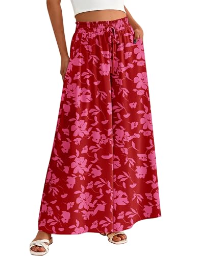 Women Casual High Waist Wide Leg Pants Summer Flowy Print Solid Long Palazzo Pants Lounge Beach Trousers with Pocket4