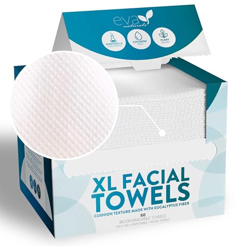 Eva Naturals XL Facial Towels – Disposable Face Cloths Made from Soft Eucalyptus Fibers – Hygienic, Strong & Absorbent Cleansing Wipes for Makeup Removal, Washing & Skincare – 50 Count