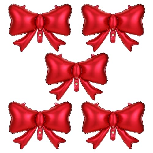 5 Pcs Red Bow Balloons, Giant Foil Bow-Knot Decoration for Coquette, Birthday, Gender Reveal Girl Party, Wall Decor & Wedding Party, Includes Ribbon & Straw for Easy Setup (Red, 24 X 31)