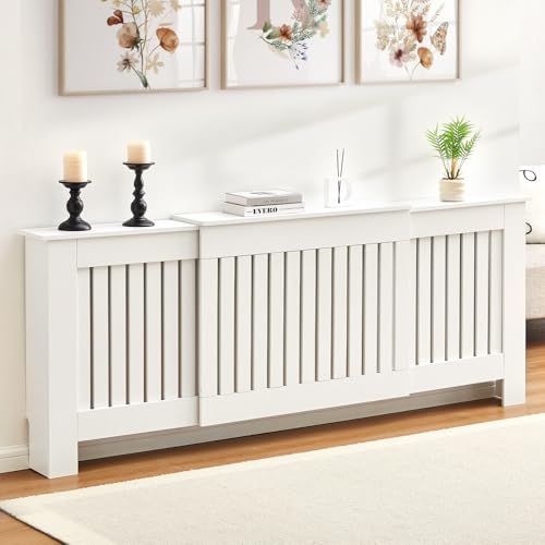 LEMROE Extendable Radiator Cover White Horizontal Adjustable Heater Cover With Modern Slats Shelf Wooden Decorative for Living Room Hallway (W146-196cm)