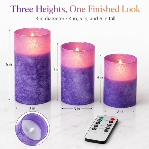 Image of Purple Flameless Candles Remote Timer Halloween Decor Set of 3 | Purple Sandblasted Glass, Warm White LED Glow, Real Wax, 10 Key Remote, 2 4 6 8 Hour Timer, 3 Sizes