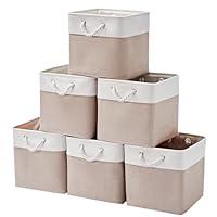 ICEMOR 28 x 28 x 28 cm Cube Storage Bins, 6 Pack Large Collapsible Fabric Storage Boxs with Ropes, Foldable Storage Cubes for Home, Office,Closet, Clothes, Toys Organizer (White & Beige)