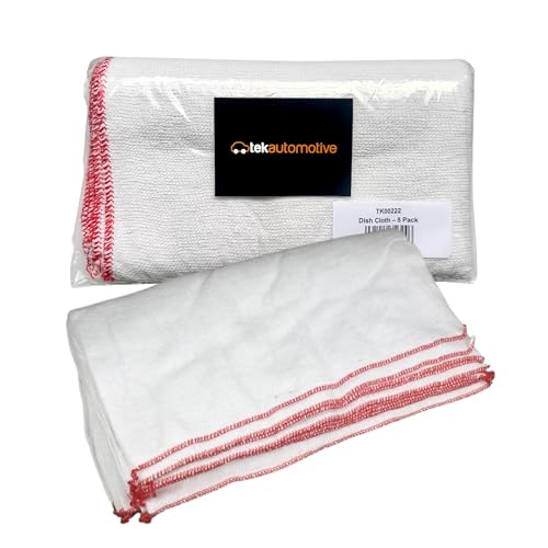 Tek Automotive Large Cotton Dish Cloths – 5 Pack, White Bleached, 15x12 Inch, Dish Cloths for Washing Up & Kitchen, Durable Cotton Dishcloths for Cleaning Home or Car