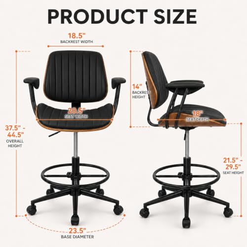 Image of Drafting Chair for Standing Desk, Arms Tall Office Chair with Bentwood Backrest, Adjustable Height, Footrest Ring and Swivel Seat, PU Leather (Black)