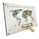 Geldgeschenk Hochzeit Weltkarte aus Holz | Einzigartiges Hochzeitsgeschenk für Brautpaar | Paargeschenk | Hochzeits-Geldgeschenk | Flitterwochen-Geschenk | Personalisierbar im Reagenzglas