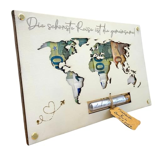 Geldgeschenk Hochzeit Weltkarte Holz | Einzigartiges Hochzeitsgeschenk für...