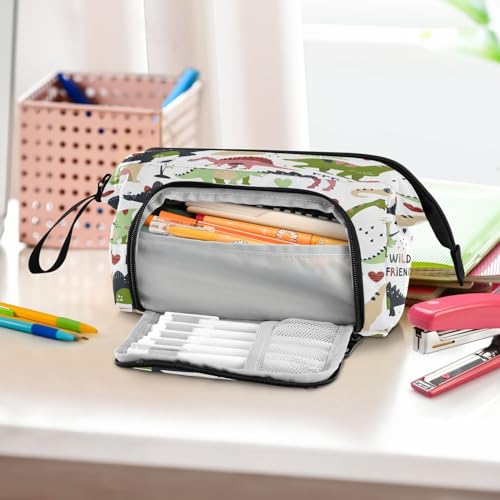 Image of Portable Pencil Case Pen Bag with Zipper, Wild Friend Dinosaur Dino Large Pencil Pouch Pen Case Stationery Bag for Office School Student, Multifunctional Pen Box for Girl Boy Men Women