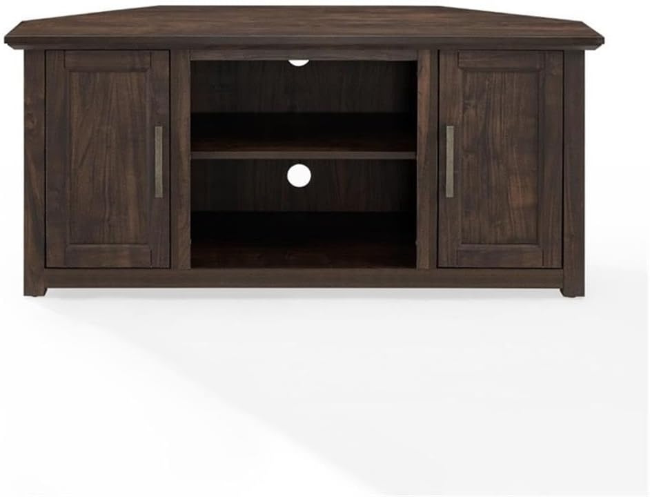 Pemberly Row Modern 48" Rustic Wood Corner TV Stand, Dark Walnut Finish, Fits TVs Up to 50 in, Adjustable Shelves, Antique Brass Hardware, Cable Management, Space-Saving Design for Living Room