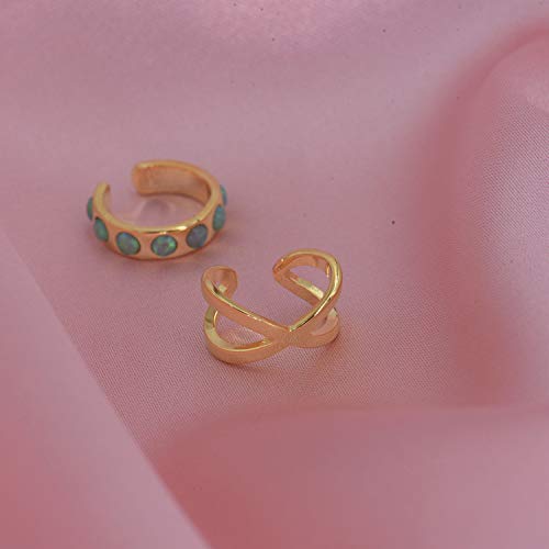 18K Gold Plated Non Pierced Gold Ear Cuff Set Of Two - Opal Band And Criss Cross Ear Cuff No Piercing #TOP5