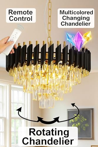 Image of Modern Ceiling Lamp 4-Tier Round Crystal Chandelier for Living Room | Bluetooth Remote Control and Moving Round| Speaker+ Multi Color LED Light (Remote Black Gold, 500MM)