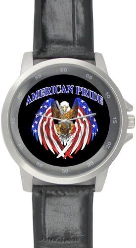 Awesome Bald Eagle with American Flag Design, America Pride Custom Unisex Stainless Steel Leather Strap Watch Metal Case, Tempered Glass, Black Leather Band