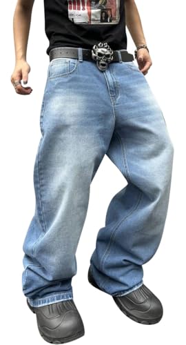 Image of HUNGSON Mens Baggy Jeans for Men Women Y2k Skater Vintage Plain Pants Casual Wide Leg Jeans Loose Fit Denim Jeans