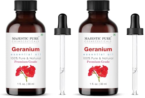 Image of Majestic Pure Essential Oil with Glass Dropper - 100% Pure and Natural - Essential Oils for Diffuser, Aromatherapy, Soap and Candle Making, Geranium Essential Oil, Geranium Oil, 1 Fl Oz (Pack of 2)
