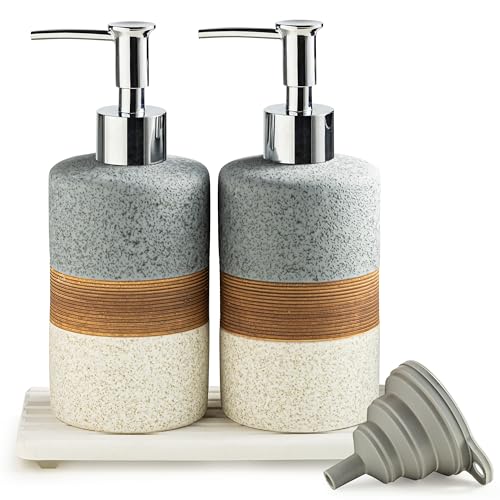 Image of Ceramic Soap Dispenser Set of 2, Hand and Dish Soap Dispenser Set | Shower Shampoo Soap Dispenser for Bathroom, Kitchen | Stainless Steel Pump, Silicone Funnel and Diatomaceous Tray, 12 oz Gray