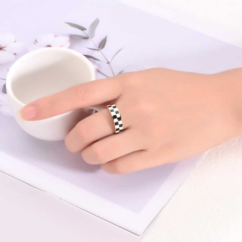 14K Gold Chessboard Band Finger Ring Statement Black and White Titanium Steel Ring Comfort Fit Size 5-10