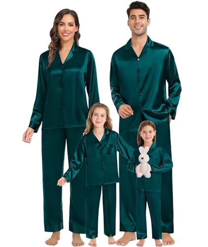SWOMOG Family Matching Pajamas Silk Satin Long Sleeve Sleepwear Soft Button Down Loungewear 2 Pcs Pj Set
