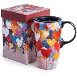 Voltogar 17 oz Ceramic Travel Mug with Lid and Handle, Balloon | Microwave & Dishwasher Safe Coffee Cup, Gift Box Included