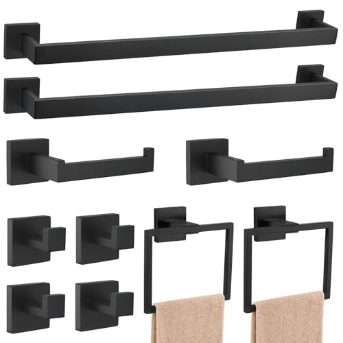 Black Towel Bar Bathroom Accessories Set, 23.6Inch Towel Rack for Bathroom, 10 Pieces SUS...