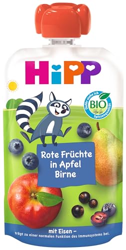 HiPP Bio Quetschie Frucht Plus Rote Früchte in Apfel Birne plus Eisen - Willi Waschbär (8 x 100g), ab 1 Jahr, 100% Fruchtpüree, ohne Zuckerzusatz, vegan, in bester Bio-Qualität