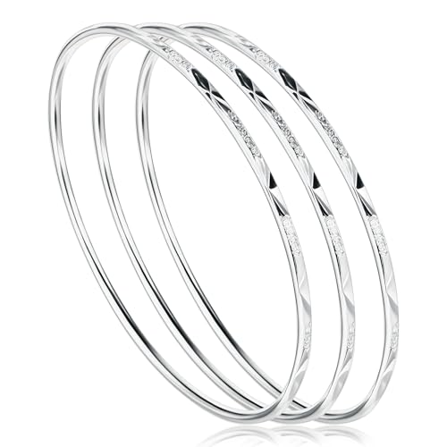 Lusofie 3Pcs 925 Sterling Silver Bangle Bracelet for Women, Elegant Shiny Star Cuff Bangle Bracelet for Mom, Wife on Valentine's Day, Mother's Day(2.51in)