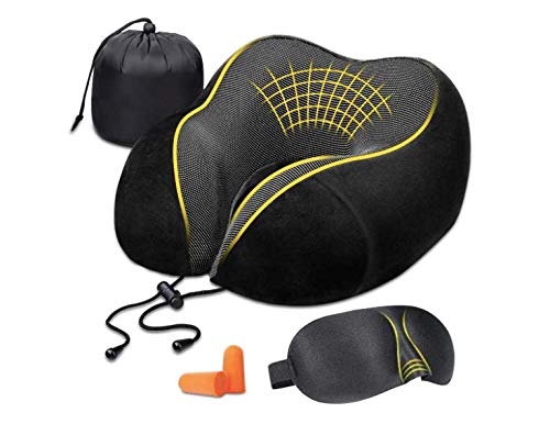 UTECH Almohada de Viaje viscoelastica con Espuma de Memoria y Funda Lavable, Suave para el Cuello, cojin con Soporte Cervical (Pack con Bolsa, Gafas y Tapones.)