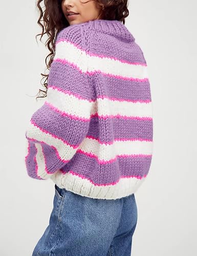 Image of Yeokou Women Stripe Pullover Sweater Turtleneck Ribbed Knit Top Casual Fall Winter Chunky Knitwear