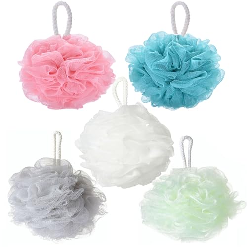 YUEMING 5 pcs Mesh Pouf Bath Sponge, Bath Sponge Shower Loofahs Balls, Mesh Loofah Body Exfoliating Shower Ball Shower Sponge for Women and Men(Random Color）