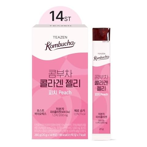 TEAZEN Collagen Peptides Gummies, Kombucha Stick Jelly, Soft Chews, Postbiotics, Zero Sugar, Low Calorie, Peach Flavor, 14 Sticks, 9.87oz Cover