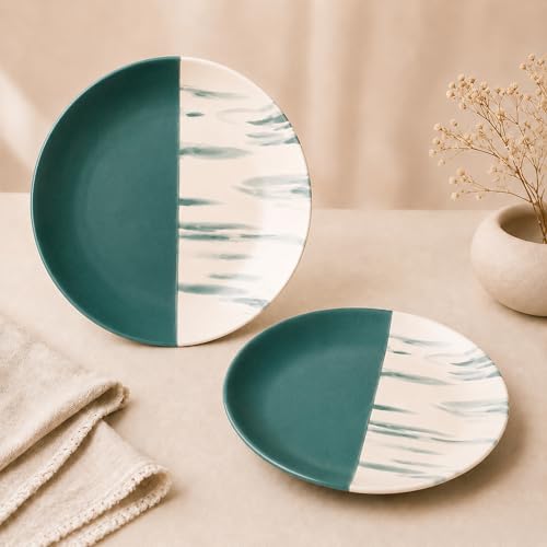 Image of The Earth Store Dual Tone Teal Italian 7 Inch Ceramic Quarter Plates Set of 2 | Microwave & Dishwasher Safe Plate | Half Plate for Dessert, Snacks, Dinner | Snack Plates for Gifting, Daily Use