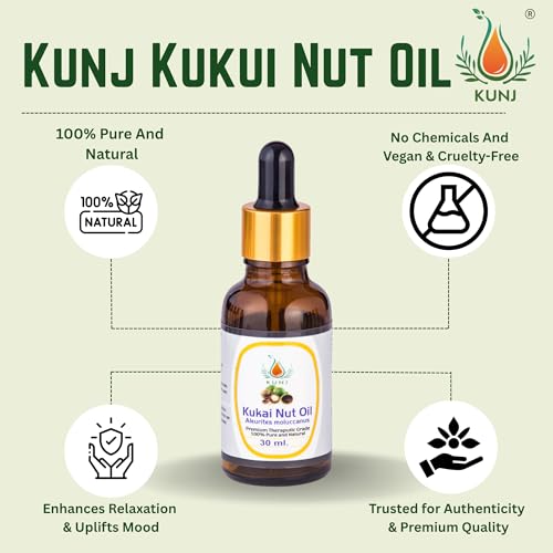 Image of KUNJ Kukui Nut Oil (Aleurites moluccanus) 30ML - 100% Pure & Natural, Cold Pressed, Undiluted - Therapeutic Grade Carrier Oil for Skin Care, Hair Nourishment & Hydration
