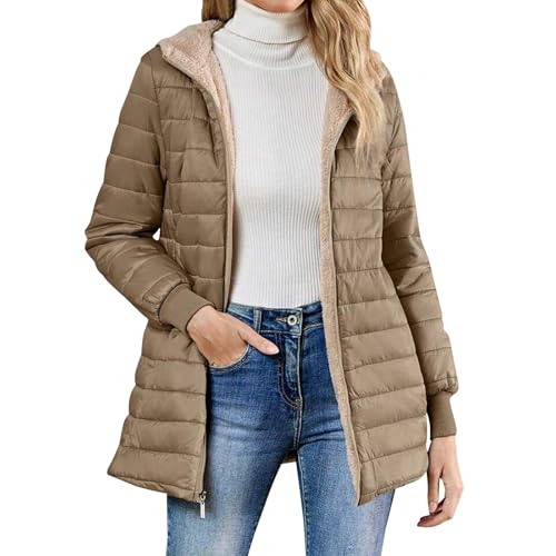 Chaqueta De Plumas para Mujer con Capucha Manga Larga Color Liso - Chaqueta Mujer Entretiempo con Bolsillo Cremallera Elegante Ligera Casual Cazadoras Termica Anchos Plumiferos Caqui XL