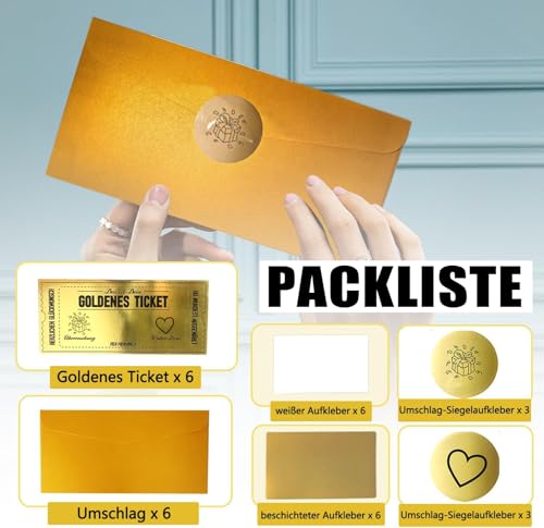 6 Set Goldenes Ticket Rubbellose Wunschgutschein mit Rubbelaufkleber zum Ausfüllen, Gutscheinkarte für Valentinstag,Geburtstag, Reise & Kino,Geschenkidee mit Umschlag für Frauen,Freundin,Mama & Kind