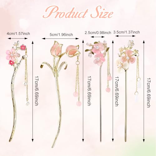 Image of SANNIDHI 4Pcs Hair Stick for Bun Elegant Flower Hair Bun Stick with Tassels, Chinese Style Floral Pins for Women, Alloy Metal Vintage Pearl Accessories