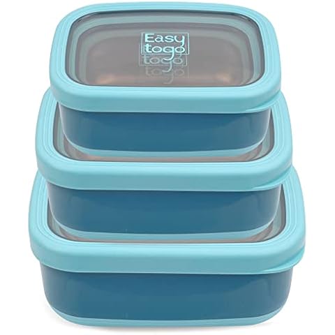 Easy Togo 3 Pack Stainless Steel Food Containers with Silicon Lid & Non-Slip Exterior, LeakProof, Airtight Rectangular Portion Control Storage Lunch Box, Togo Lunch Containers for Adults - Blue Cover