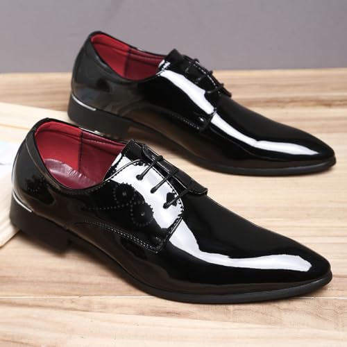 Image of Men Fashion Dress Business Shoe Pointed Toe Floral Patent Leather Lace Up Oxford Black Brown Red Grey